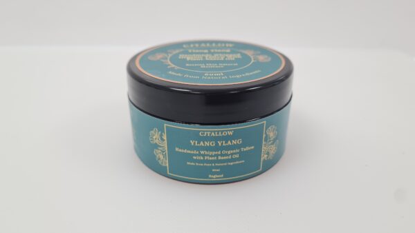Front view of CJTALLOW Ylang Ylang handmade whipped organic tallow in a 60ml jar, made with plant-based oils and 100% grass-fed British tallow