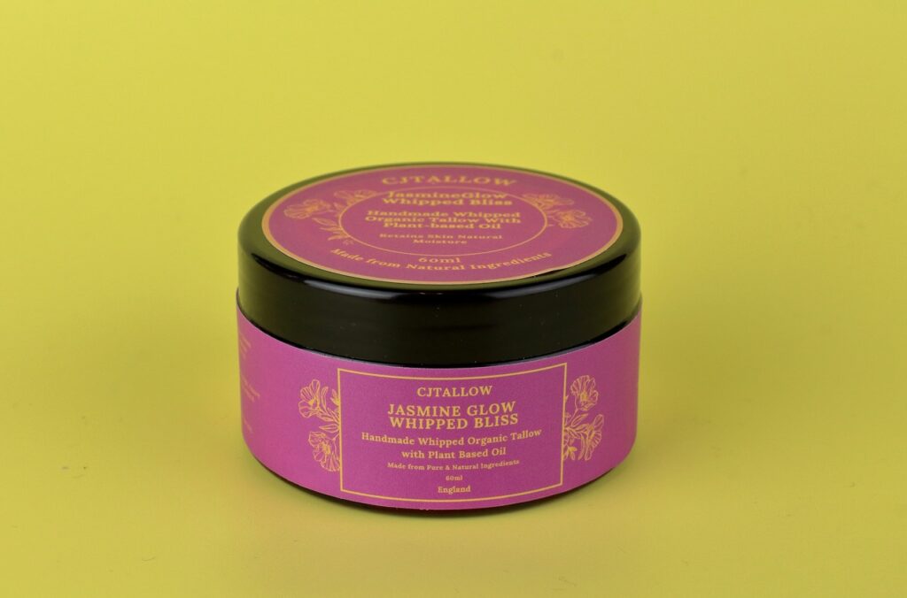 Jasmine-scented whipped organic tallow skin moisturiser by CJTALLOW, offering deep hydration and a luxurious floral aroma