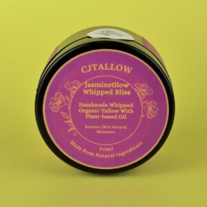 60 ml jar of Jasmine-scented whipped organic tallow skin moisturiser by CJTALLOW, offering deep hydration and a luxurious floral aroma. In a pink label, food grade recycable tub