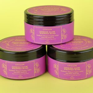 60 ml jar of Jasmine-scented whipped organic tallow skin moisturiser by CJTALLOW, offering deep hydration and a luxurious floral aroma. In a pink label, food grade recycable tub