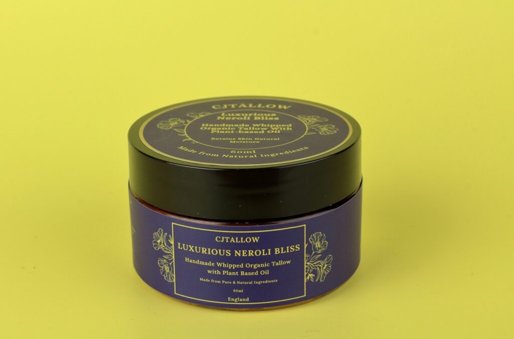 Neroli-scented whipped organic pasture-raised British tallow by CJTALLOW, blended with plant-based oils for natural skin hydration and nourishment.