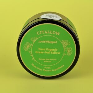 60ml jar of 100% pure organic grass-fed tallow skin moisturizer. Dark olive green packaging. Made with natural ingredients to help retain skin's natural moisture.