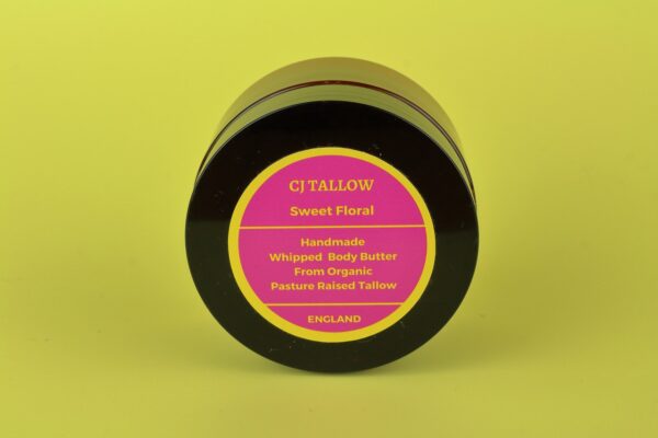 Whipped tallow body butter with a sweet pear and freesia scent, offering a sweet floral explosion and deep skin hydration.