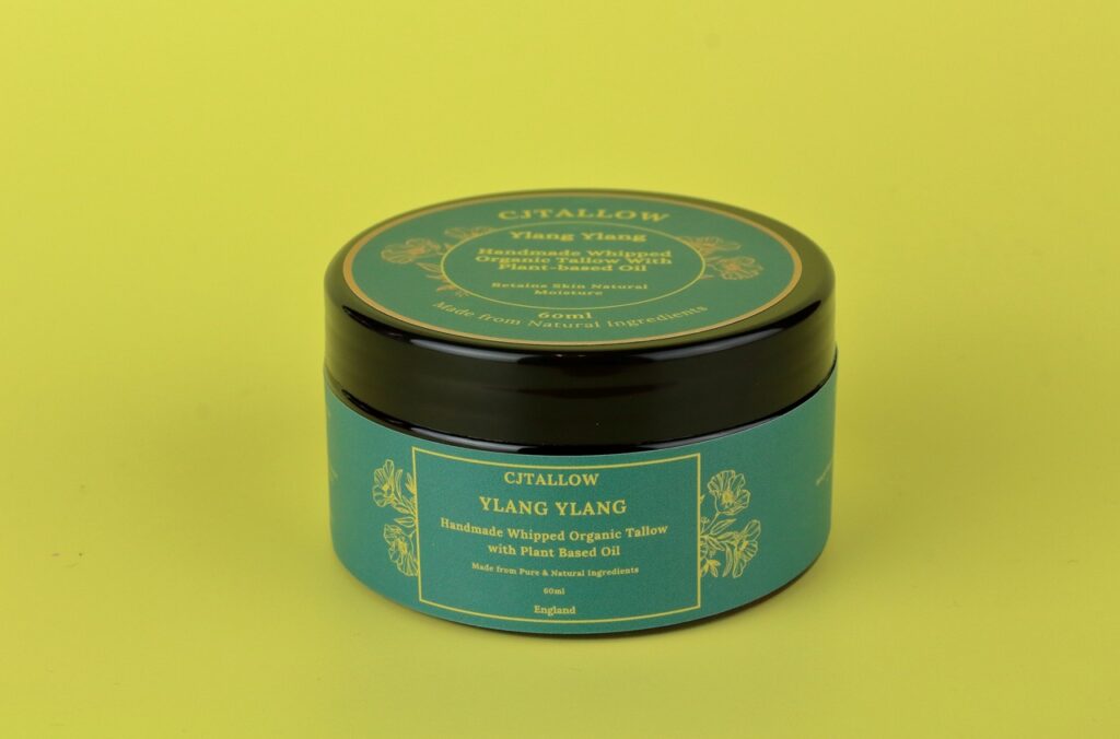 Ylang Ylang-scented whipped organic pasture-raised British tallow by CJTALLOW, enriched with plant-based oils for natural skin hydration.