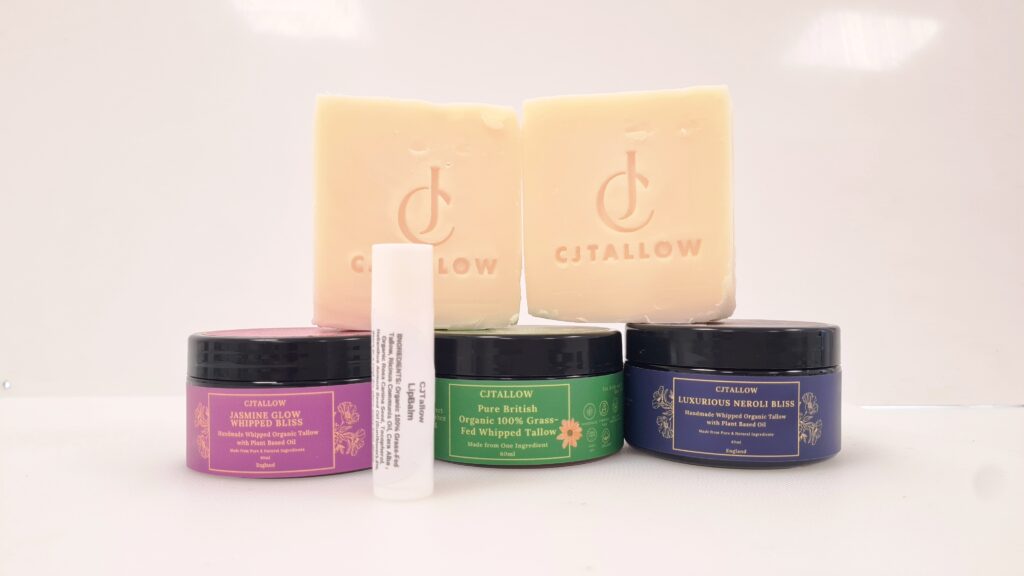 CJTALLOW Skincare Set with Organic Grass-Fed Tallow Whipped Balms in Neroli, Jasmine, and Unscented, Plus Handmade Soaps and Natural Lip Balm