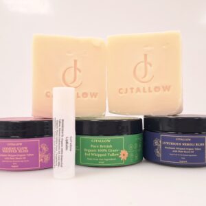CJTALLOW Skincare Set with Organic Grass-Fed Tallow Whipped Balms in Neroli, Jasmine, and Unscented, Plus Handmade Soaps and Natural Lip Balm