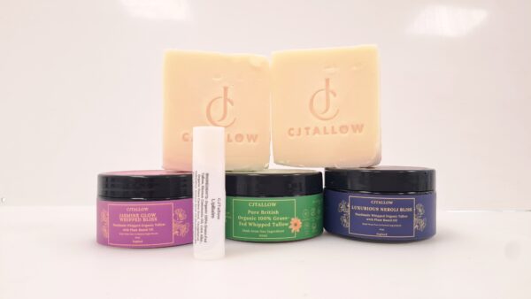 CJTALLOW Skincare Set with Organic Grass-Fed Tallow Whipped Balms in Neroli, Jasmine, and Unscented, Plus Handmade Soaps and Natural Lip Balm
