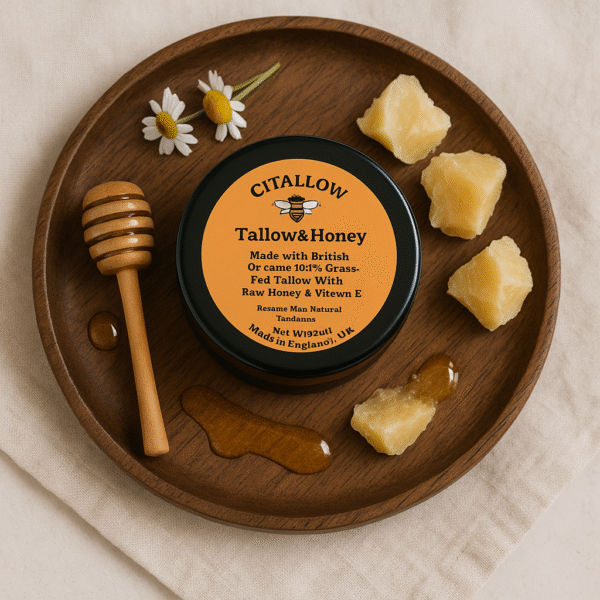 CJTALLOW Tallow & Honey Balm jar displayed on a wooden tray with beeswax pieces, honey drips, honey dipper, and chamomile flowers – natural skincare flat lay.