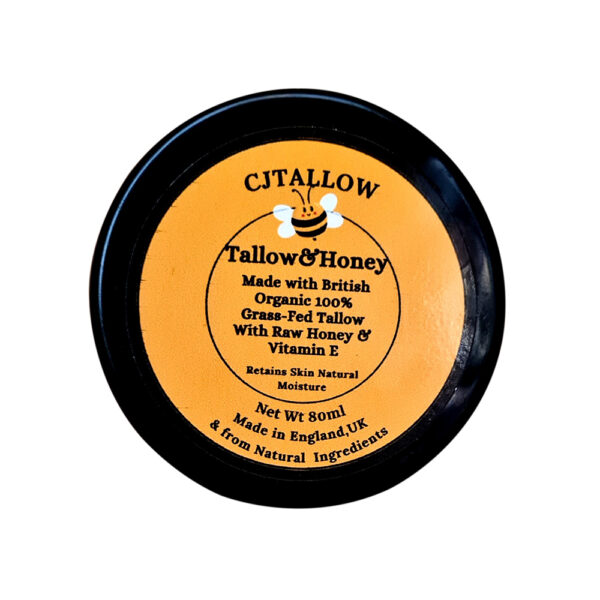 CJTALLOW Tallow & Honey Balm – Handmade Organic Grass-Fed Beef Tallow Moisturiser with Raw Honey & Vitamin E, 80g Jar, UK