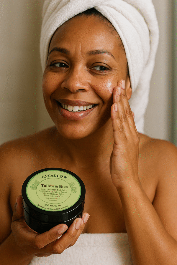 Smiling woman outdoors holding a jar of CJTALLOW Tallow & Shea Balm – organic whipped tallow moisturiser with shea butter and plant-based oils.