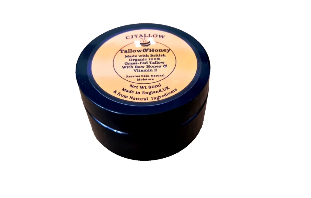 CJTALLOW Tallow and Honey Balm – Organic Grass-Fed Beef Tallow Moisturiser with Raw Honey, Jojoba, Rosehip and Vanilla – Handmade Natural Skincare UK, 80ml Jar