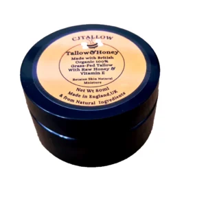 CJTALLOW Tallow and Honey Balm – Organic Grass-Fed Beef Tallow Moisturiser with Raw Honey, Jojoba, Rosehip and Vanilla – Handmade Natural Skincare UK, 80ml Jar