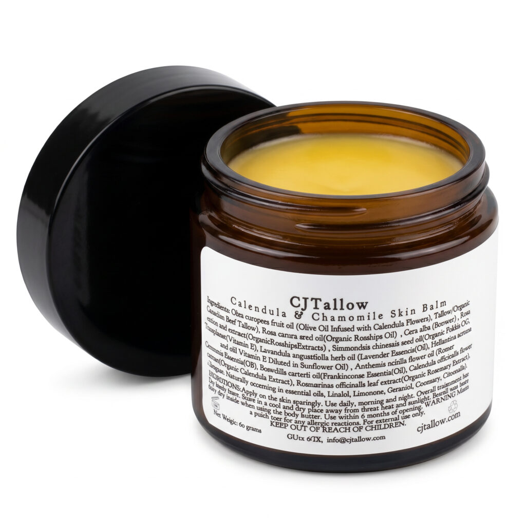 CJTALLOW Calendula & Chamomile Skin Balm — handcrafted organic grass-fed tallow balm with lavender, chamomile and frankincense essential oils in a glass jar, handmade in the UK