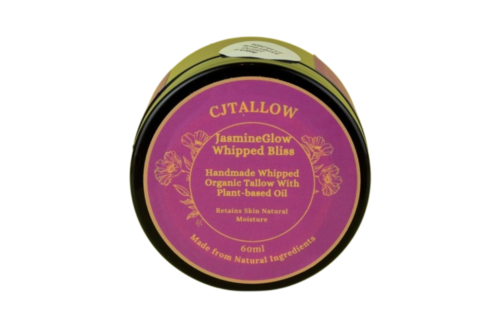 60 ml jar of Jasmine-scented whipped organic tallow skin moisturiser by CJTALLOW, offering deep hydration and a luxurious floral aroma. In a pink label, food grade recyclable tub