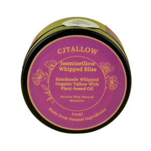 60 ml jar of Jasmine-scented whipped organic tallow skin moisturiser by CJTALLOW, offering deep hydration and a luxurious floral aroma. In a pink label, food grade recyclable tub