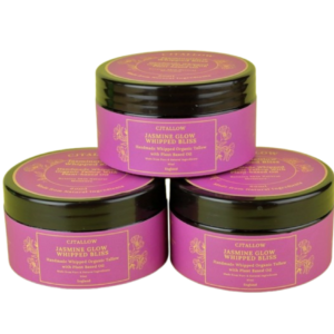 60 ml jar of Jasmine-scented whipped organic tallow skin moisturiser by CJTALLOW, offering deep hydration and a luxurious floral aroma. In a pink label, food grade recyclable tub