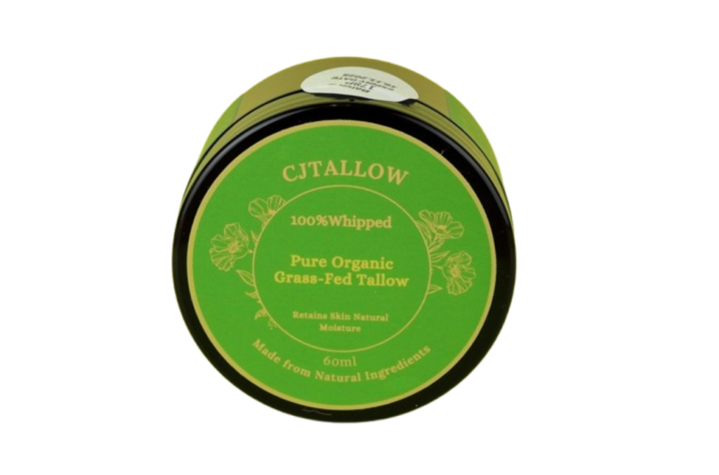 60ml jar of 100% pure organic grass-fed tallow skin moisturizer. Dark olive green packaging. Made with natural ingredients to help retain skin's natural moisture.