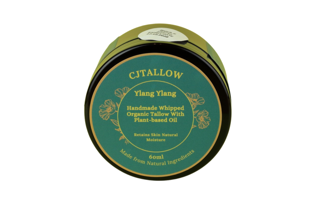 Ylang Ylang-scented whipped organic pasture-raised British tallow by CJTALLOW, enriched with plant-based oils for natural skin hydration.