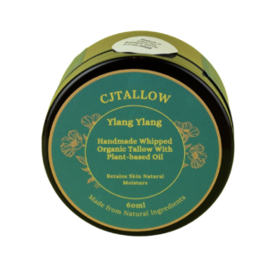 Ylang Ylang-scented whipped organic pasture-raised British tallow by CJTALLOW, enriched with plant-based oils for natural skin hydration.