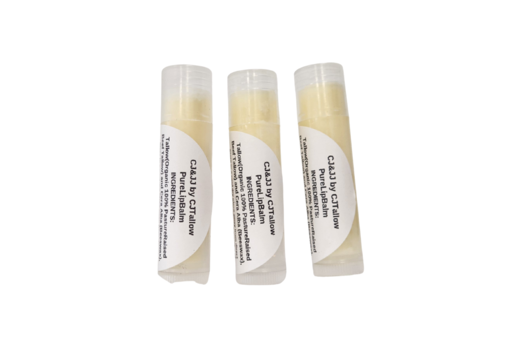 CJTALLOW Tallow Lip Balm Set — three handcrafted natural lip balms including one pure tallow and beeswax lip balm and two nourishing multi-botanical tallow lip balms, organic grass-fed British tallow, handmade in the UK