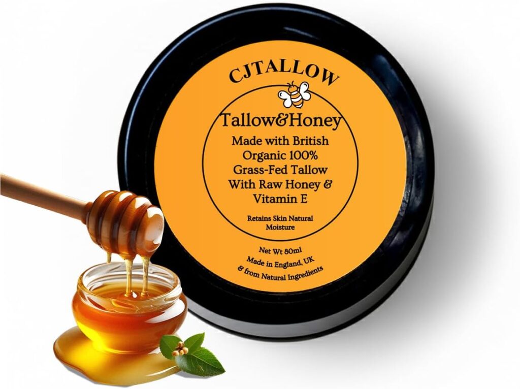 CJTALLOW Tallow & Honey Balm – Handmade Organic Grass-Fed Beef Tallow Moisturiser with Raw Honey & Vitamin E, 80g Jar, UK
