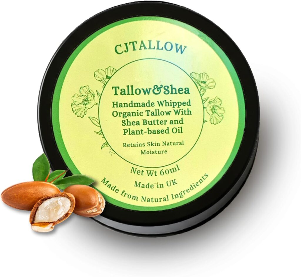 CJTALLOW Tallow & Shea Balm jar on a wooden tray with raw shea butter pieces, lavender sprigs, and honey drops – natural whipped skincare product flat lay.