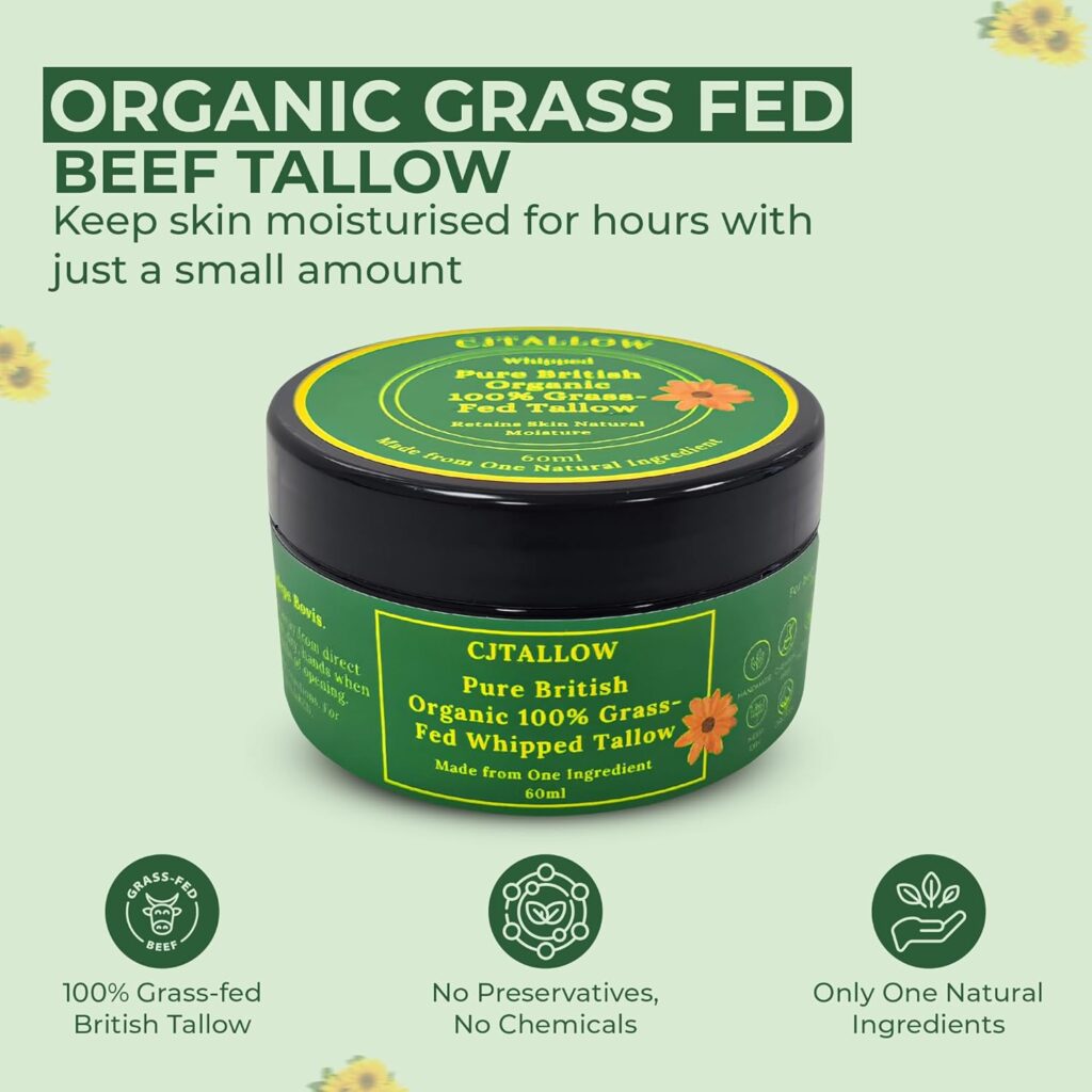 100% pure organic grass-fed tallow skin moisturizer. Dark olive green packaging. Made with natural ingredients to help retain skin's natural moisture.