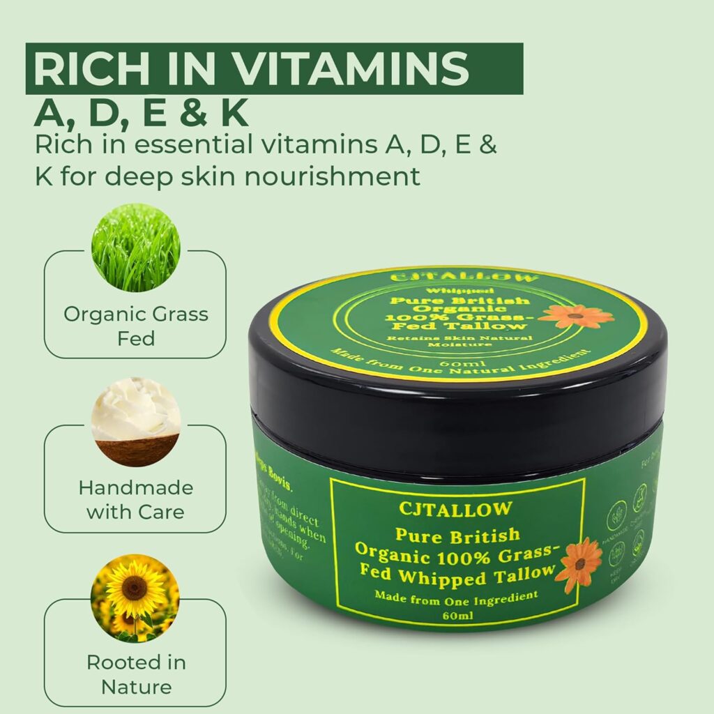 100% pure organic grass-fed tallow skin moisturizer. Dark olive green packaging. Made with natural ingredients to help retain skin's natural moisture.