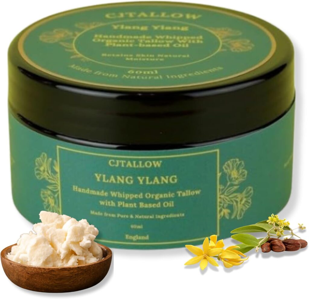 Ylang Ylang-scented whipped organic pasture-raised British tallow by CJTALLOW, enriched with plant-based oils for natural skin hydration.