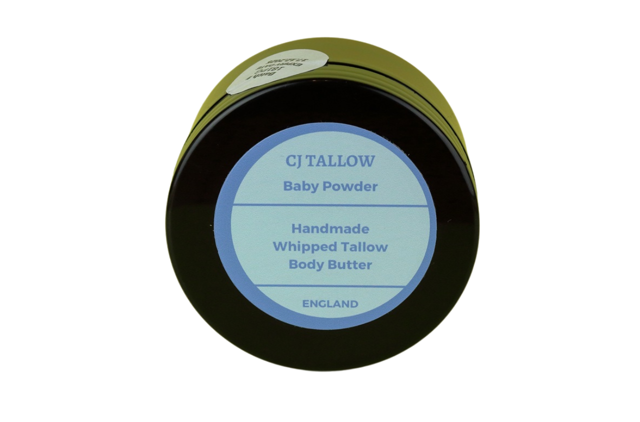 Whipped organic grass-fed British tallow with a baby powder scent, perfect for gentle, natural skin nourishment by CJTALLOW