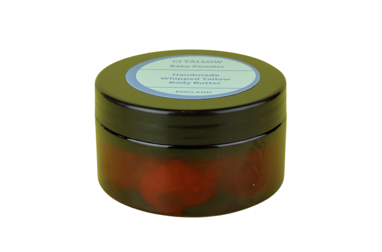 Whipped organic grass-fed British tallow with a baby powder scent, perfect for gentle, natural skin nourishment by CJTALLOW