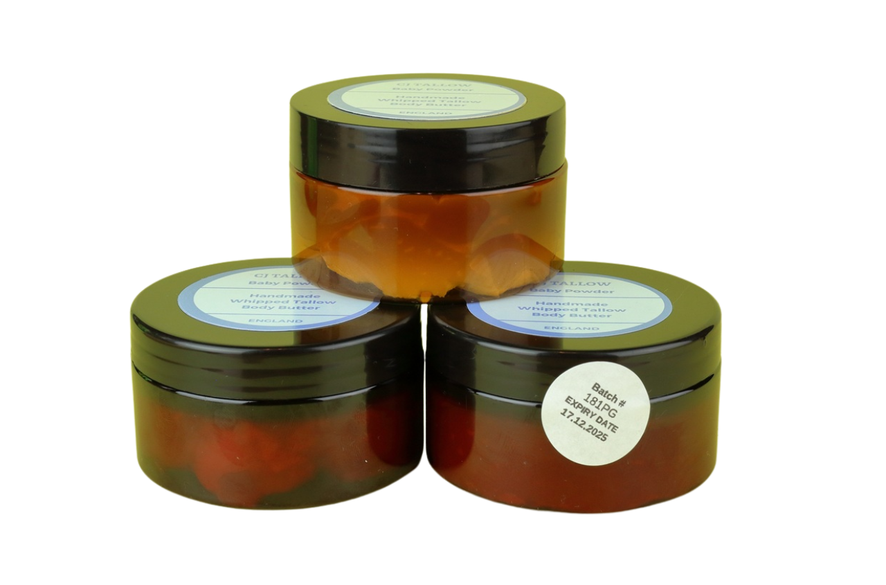 Whipped organic grass-fed British tallow with a baby powder scent, perfect for gentle, natural skin nourishment by CJTALLOW