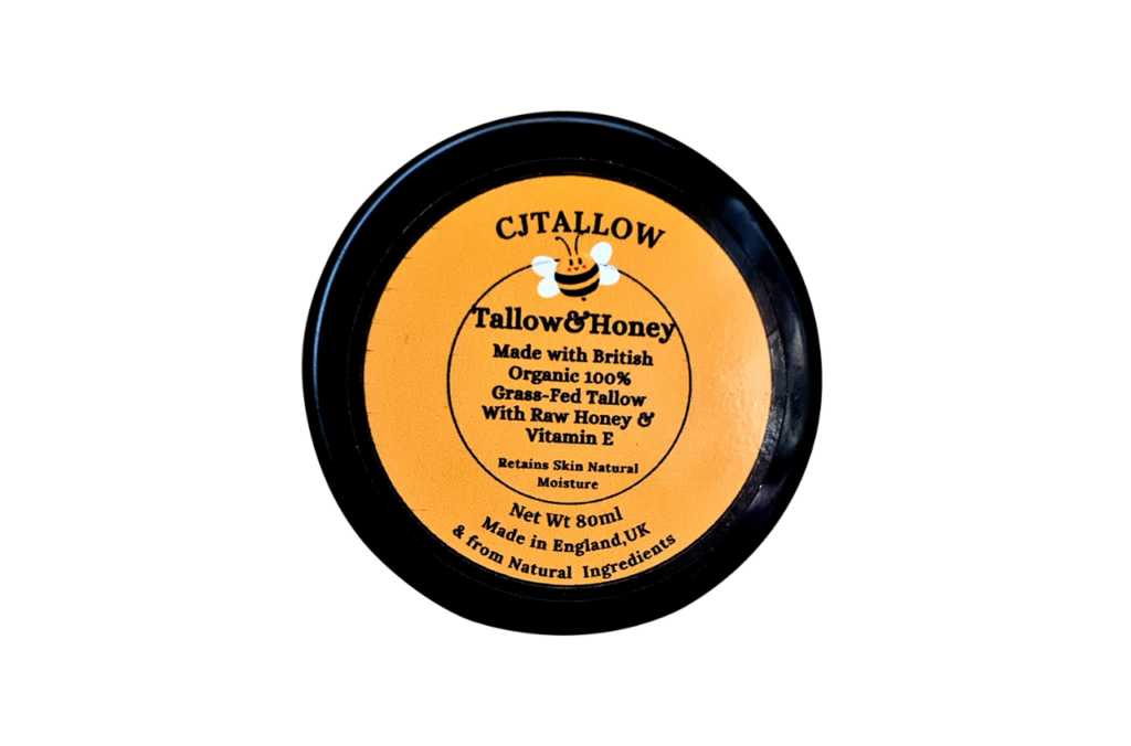 CJTALLOW Tallow & Honey Balm – Handmade Organic Grass-Fed Beef Tallow Moisturiser with Raw Honey & Vitamin E, 80g Jar, UK