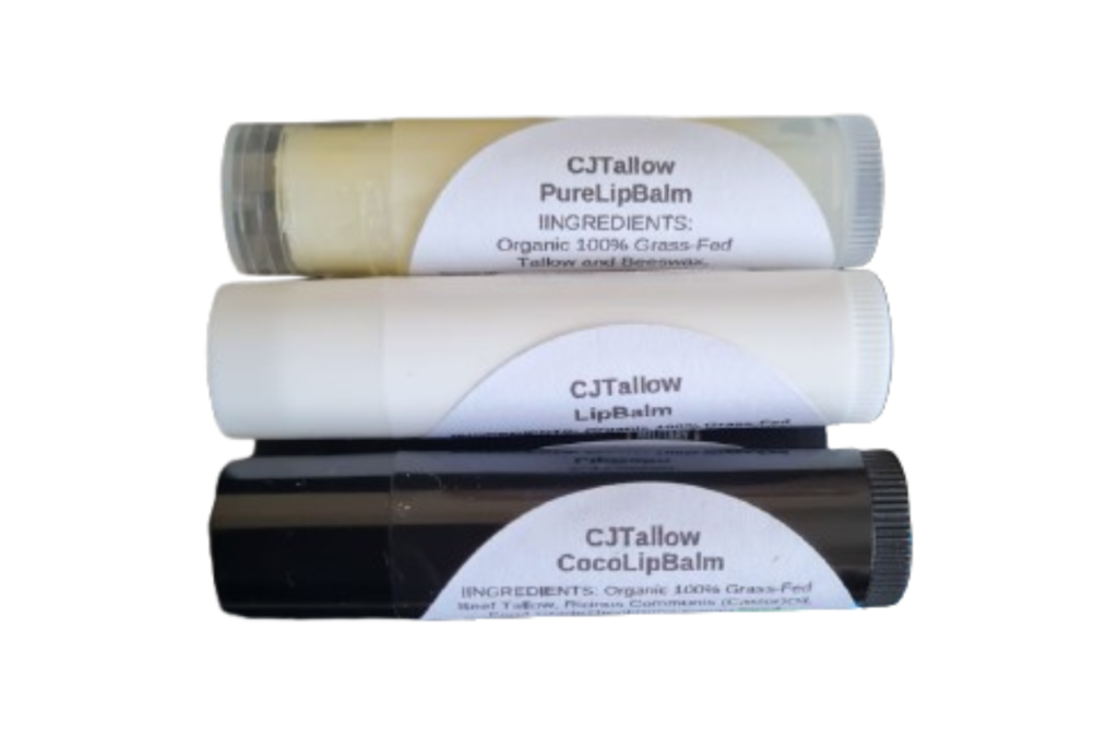 CJTALLOW Tallow Lip Balm Set — three handcrafted natural lip balms including one pure tallow and beeswax lip balm and two nourishing multi-botanical tallow lip balms, organic grass-fed British tallow, handmade in the UK