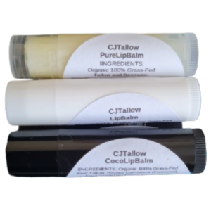 CJTALLOW Tallow Lip Balm Set — three handcrafted natural lip balms including one pure tallow and beeswax lip balm and two nourishing multi-botanical tallow lip balms, organic grass-fed British tallow, handmade in the UK