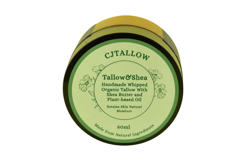 CJTALLOW Tallow & Shea Balm jar on a wooden tray with raw shea butter pieces, lavender sprigs, and honey drops – natural whipped skincare product flat lay.