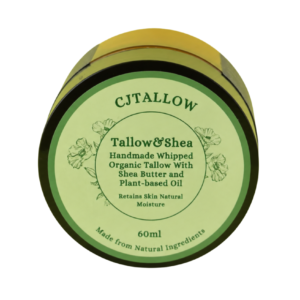 CJTALLOW Tallow & Shea Balm jar on a wooden tray with raw shea butter pieces, lavender sprigs, and honey drops – natural whipped skincare product flat lay.