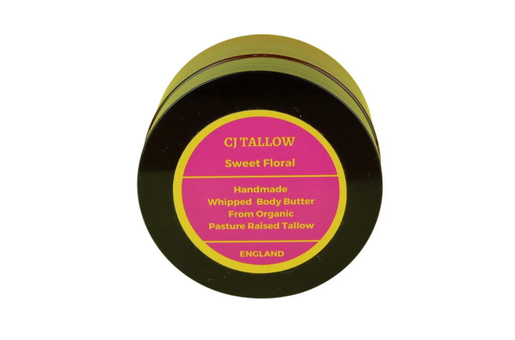 Whipped tallow body butter with a sweet pear and freesia scent, offering a sweet floral explosion and deep skin hydration.