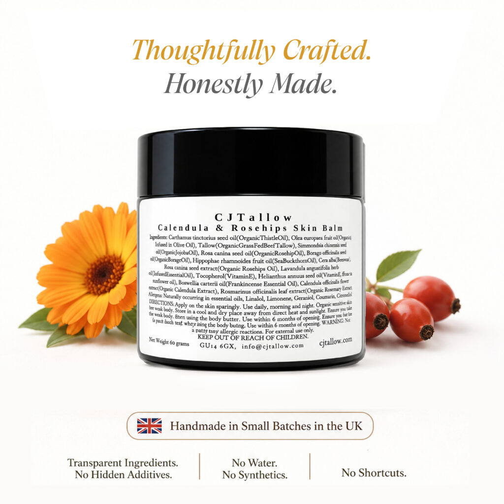 CJTALLOW Calendula & Rosehips Skin Balm – a rich, botanical balm to nourish, soothe, and support healthy-looking skin.