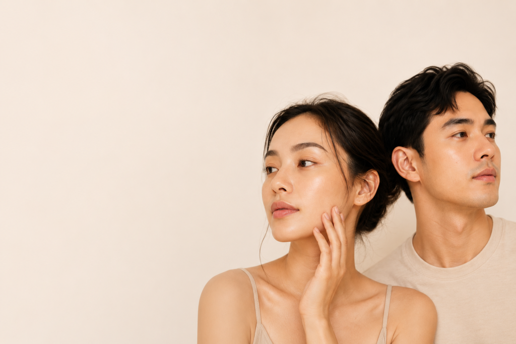 Man and woman with healthy glowing skin on a minimalist summer background.