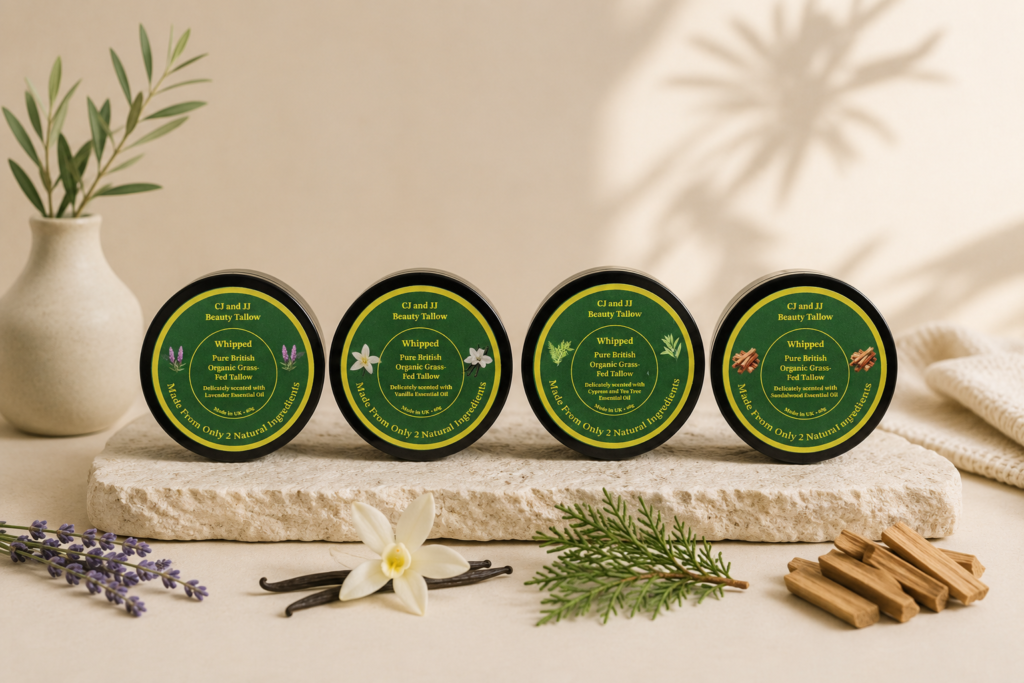 CJTallow Pure Tallow Balm collection featuring Lavender, Vanilla, Cypress and Sandalwood essential oil variants displayed in a minimalist natural setting.