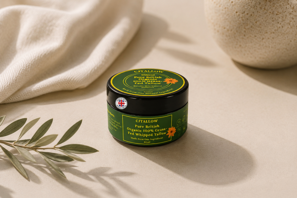 CJTALLOW Pure British Organic 100% Grass-Fed Whipped Tallow in a minimalist natural skincare setting, illustrating how tallow complements the skin's natural oils.
