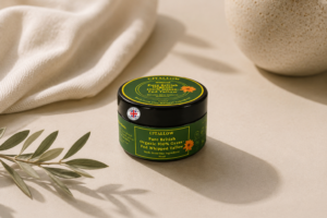 CJTALLOW Pure British Organic 100% Grass-Fed Whipped Tallow in a minimalist natural skincare setting, illustrating how tallow complements the skin's natural oils.