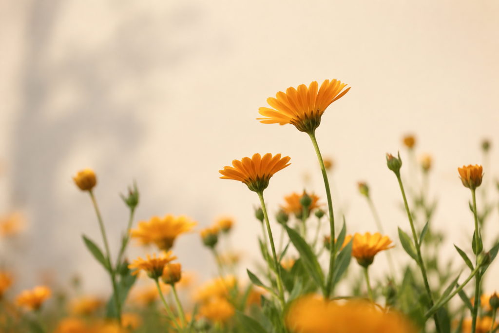 Golden calendula flowers blooming in a peaceful field, highlighting the natural botanical ingredient used in CJTallow's handcrafted calendula-infused tallow skincare balms for dry and sensitive skin.