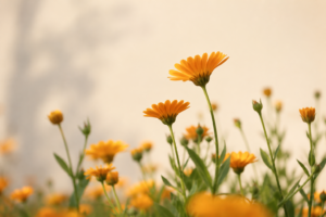 Golden calendula flowers blooming in a peaceful field, highlighting the natural botanical ingredient used in CJTallow's handcrafted calendula-infused tallow skincare balms for dry and sensitive skin.