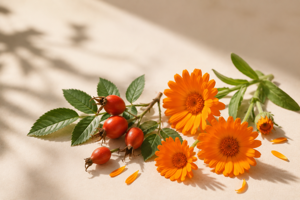 Calendula flowers and rosehips arranged in a minimalist botanical composition, showcasing the natural ingredients featured in CJTallow's Calendula & Rosehip Skin Balm for dry and dull skin.