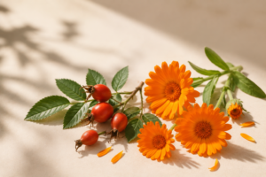 Calendula flowers and rosehips arranged in a minimalist botanical composition, showcasing the natural ingredients featured in CJTallow's Calendula & Rosehip Skin Balm for dry and dull skin.