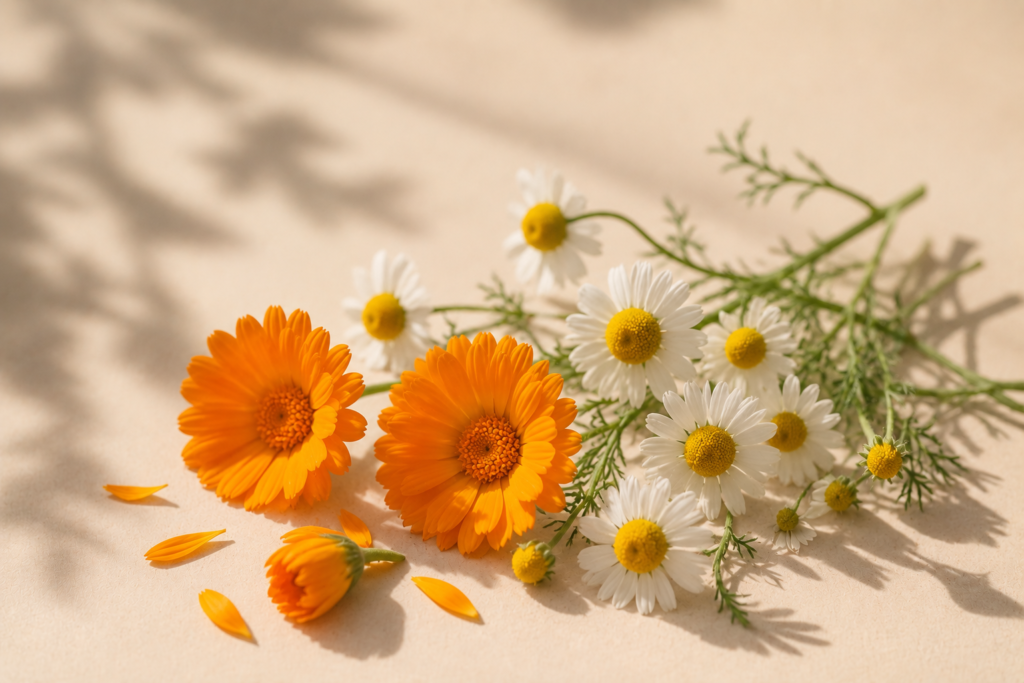 Calendula flowers and chamomile blossoms in a minimalist botanical arrangement, showcasing the natural ingredients used in CJTallow's Calendula & Chamomile Skin Balm for dry and sensitive skin.