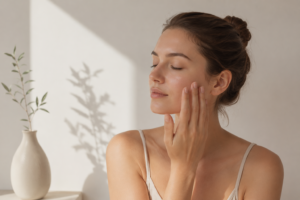 Woman gently caring for her skin in a minimalist skincare routine, representing skinimalism with CJTallow's grass-fed tallow skincare.