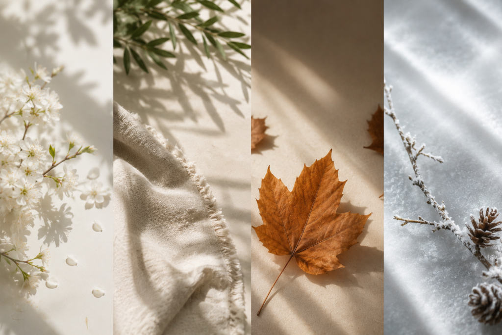 Minimalist four-season flat lay representing spring, summer, autumn and winter with natural seasonal elements, illustrating how skincare needs change throughout the year.